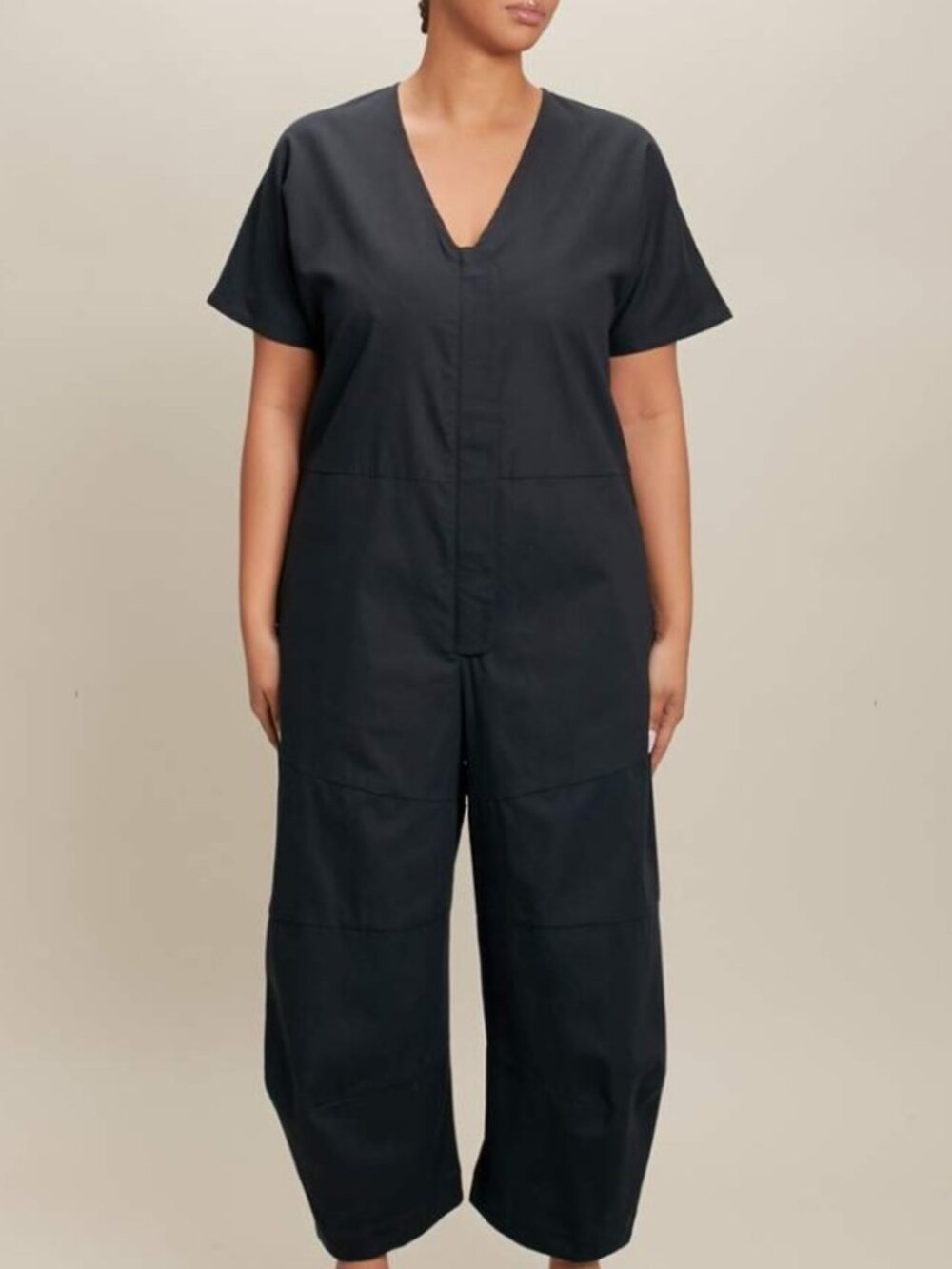 Roucha Black Short Sleeve Jon V-Neck Curved Leg Canvas Jumpsuit Size M